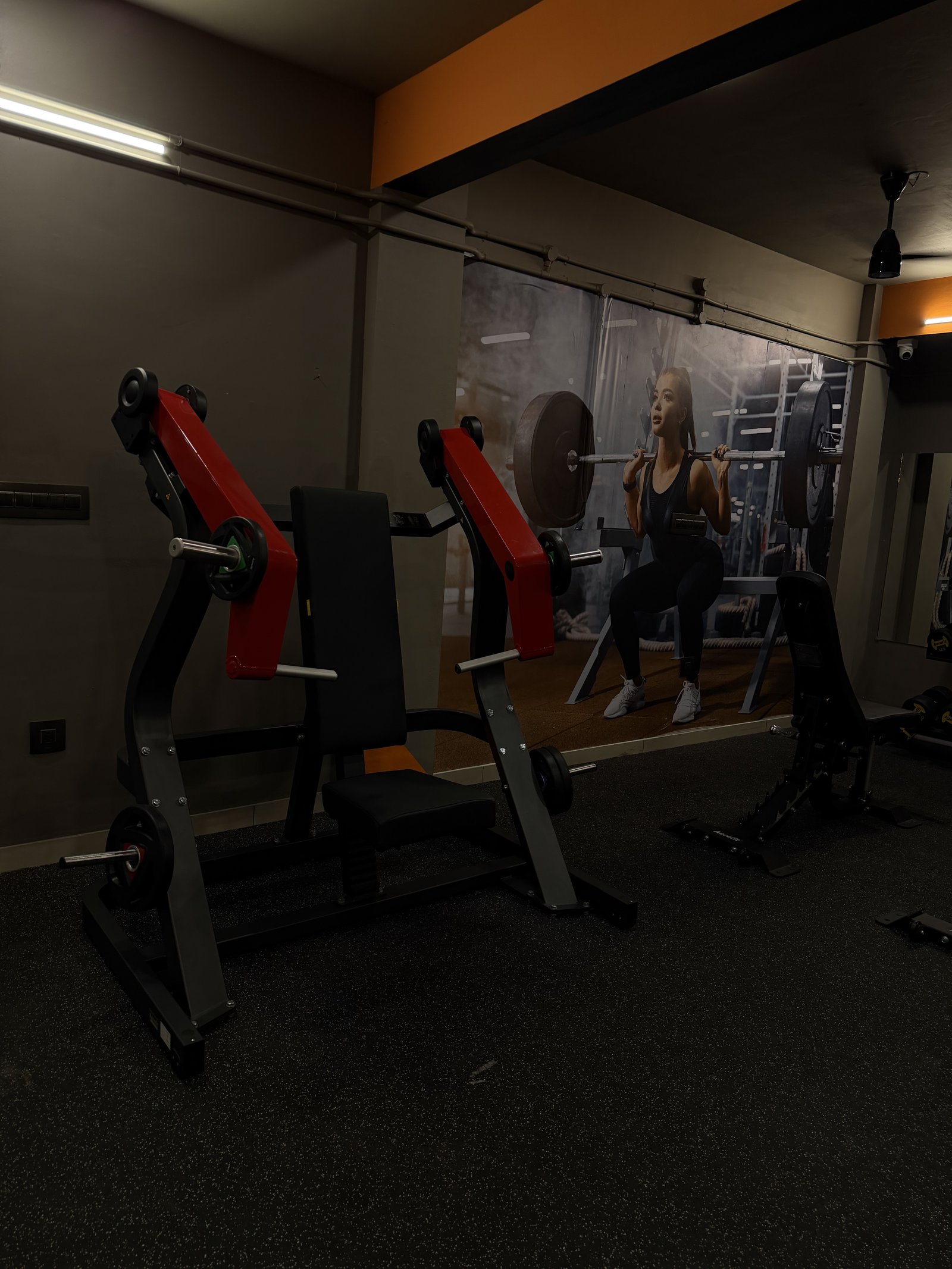 Press machine and mural at Punch Fitness gym in Koratty
